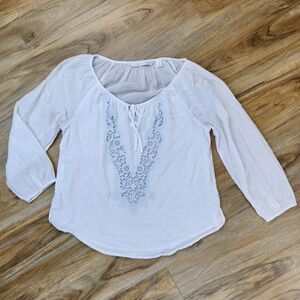 💛Lauren Conrad Ivory & Pale Blue Embroidered Boho Top XSmall